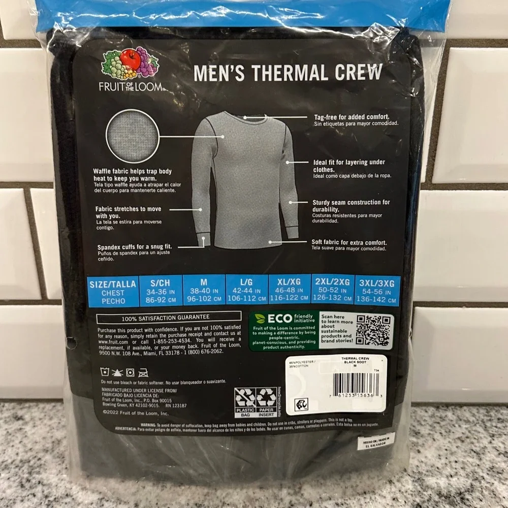 Fruit of the Loom Mens M Thermal Crew Black Waffle Knit Long Sleeve Base Layer